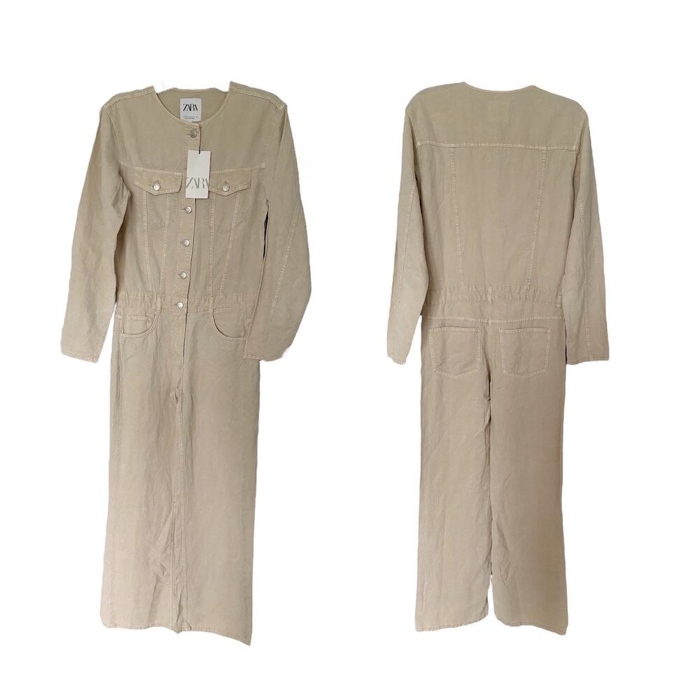 Zara NWT‎ Beige Denim Linen Blend Jumpsuit XS - Picture 5 of 6